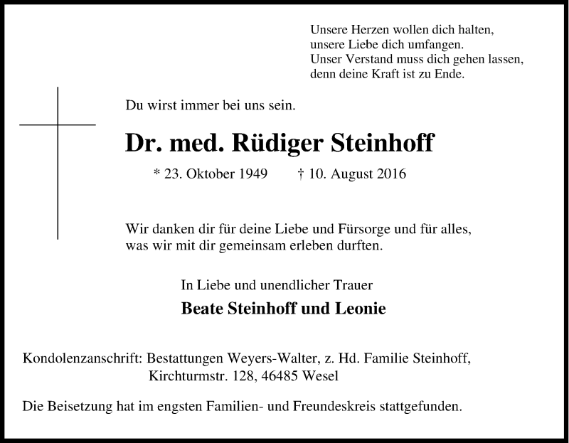  Traueranzeige für Rüdiger Steinhoff vom 22.08.2016 aus Tageszeitung