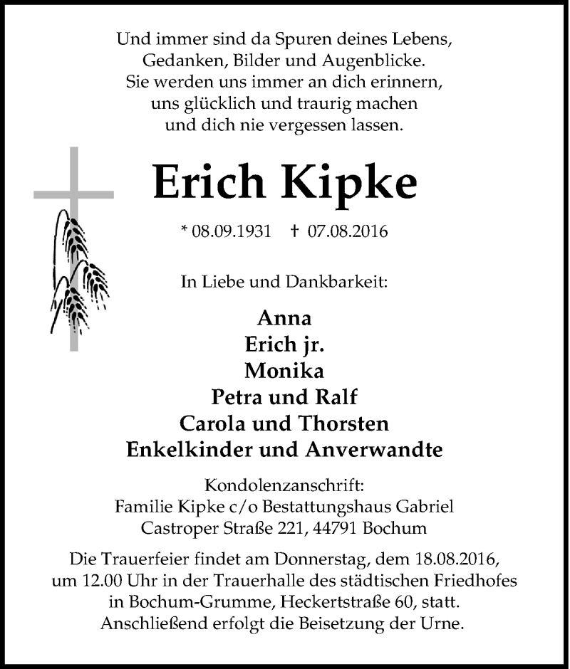  Traueranzeige für Erich Kipke vom 13.08.2016 aus Tageszeitung