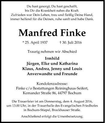 Traueranzeige von Manfred Finke von Tageszeitung