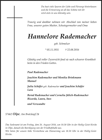 Traueranzeige von Hannelore Rademacher von Tageszeitung