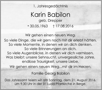 Traueranzeige von Karin Babilon von Tageszeitung