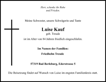Traueranzeige von Luise Kauf von Tageszeitung