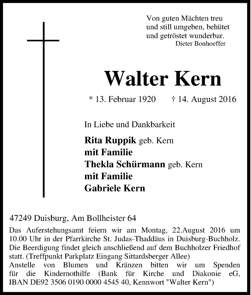  Traueranzeige für Walter Kern vom 17.08.2016 aus Tageszeitung