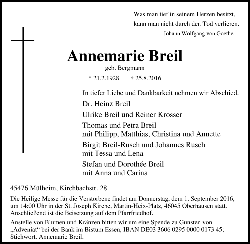 Traueranzeigen von Annemarie Breil Trauer in NRW.de