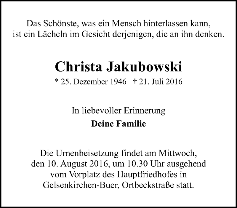  Traueranzeige für Christa Jakubowski vom 06.08.2016 aus Tageszeitung