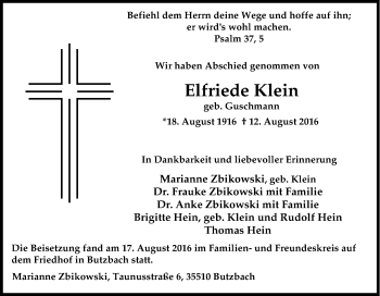 Traueranzeige von Elfriede Klein von Tageszeitung