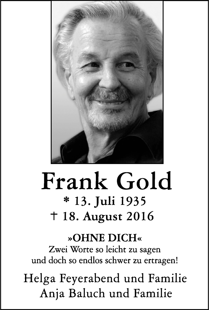  Traueranzeige für Frank Gold vom 24.08.2016 aus Tageszeitung