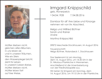 Traueranzeige von Irmgard Knippschild von Tageszeitung