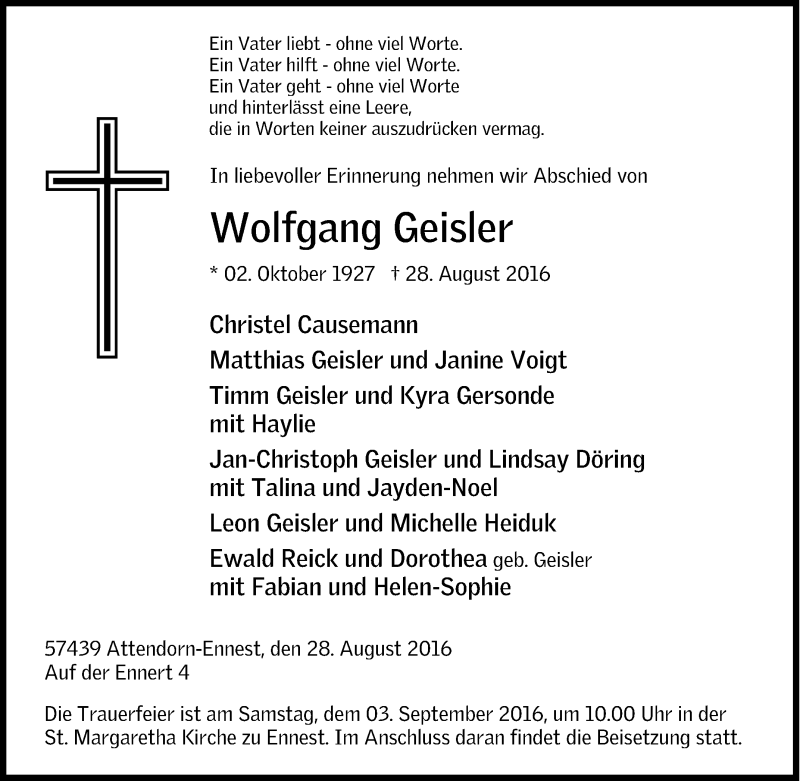  Traueranzeige für Wolfgang Geisler vom 31.08.2016 aus Tageszeitung
