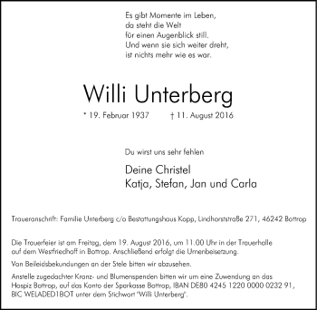 Traueranzeige von Willi Unterberg von Tageszeitung