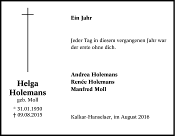 Traueranzeige von Helga Holemans von Tageszeitung