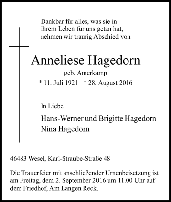 Traueranzeige von Anneliese Hagedorn von Tageszeitung