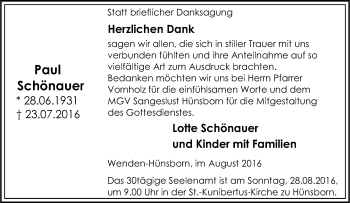 Traueranzeige von Paul Schönauer von Tageszeitung