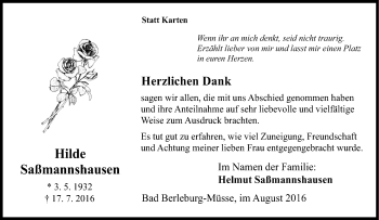 Traueranzeige von Hilde Saßmannshausen von Tageszeitung