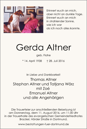 Traueranzeige von Gerda Altner von Tageszeitung