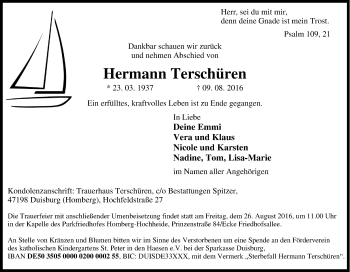 Traueranzeige von Hermann Terschüren von Tageszeitung