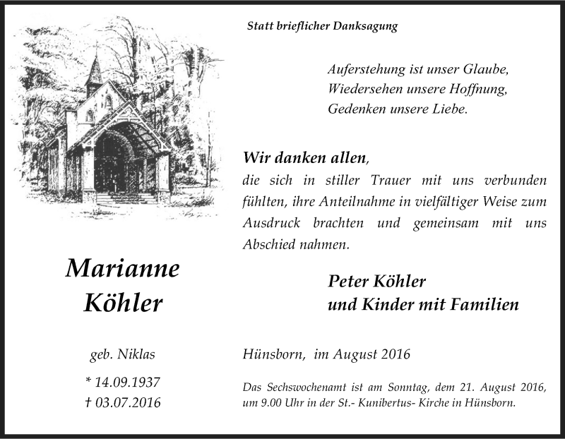  Traueranzeige für Marianne Köhler vom 17.08.2016 aus Tageszeitung