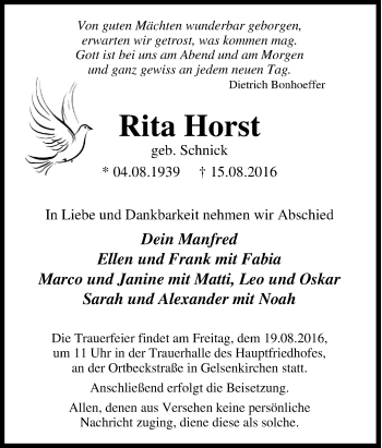 Traueranzeige von Rita Horst von Tageszeitung