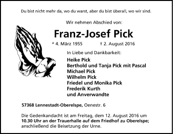 Traueranzeige von Franz-Josef Pick von Tageszeitung