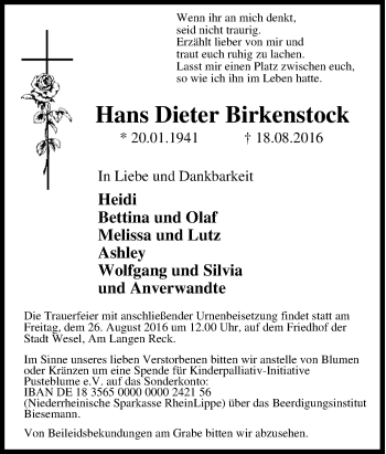 Traueranzeige von Hans Dieter Birkenstock von Tageszeitung