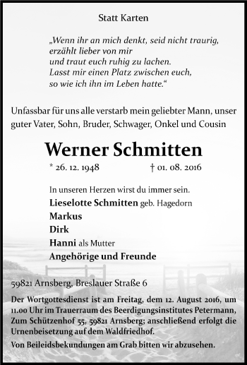 Traueranzeige von Werner Schmitten von Tageszeitung