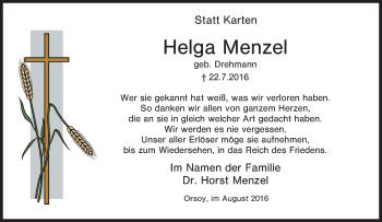 Traueranzeige von Helga Menzel von Tageszeitung