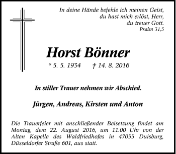 Traueranzeige von Horst Bönner von Tageszeitung