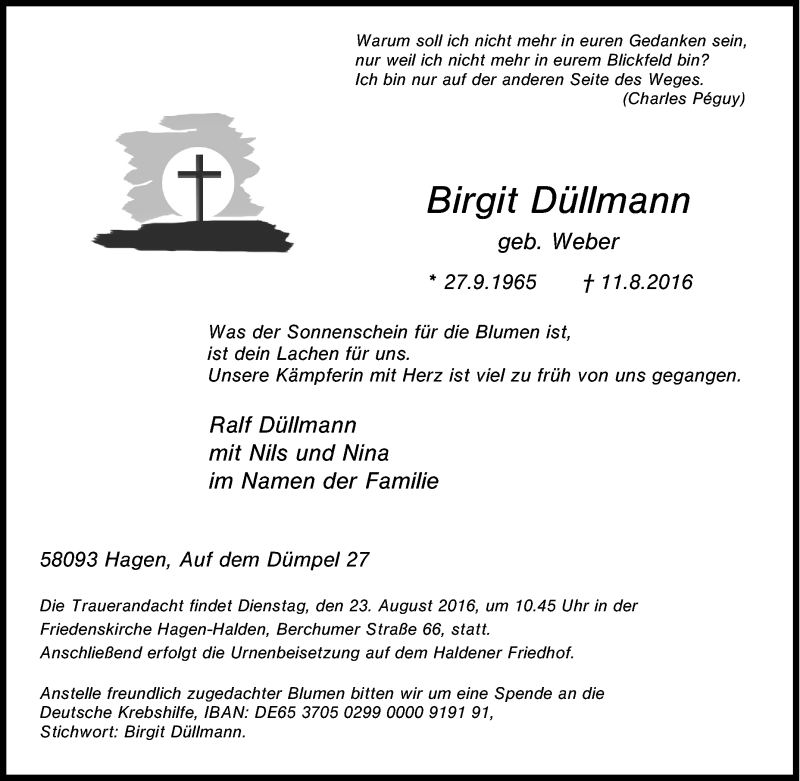  Traueranzeige für Birgit Düllmann vom 17.08.2016 aus Tageszeitung