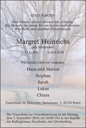 Traueranzeige von Margret Heinrichs von Tageszeitung