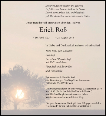 Traueranzeige von Erich Roß von Tageszeitung
