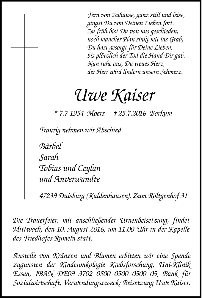  Traueranzeige für Uwe Kaiser vom 05.08.2016 aus Tageszeitung