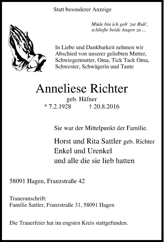  Traueranzeige für Anneliese Richter vom 27.08.2016 aus Tageszeitung