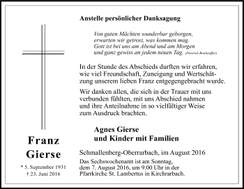 Traueranzeige von Franz Gierse von Tageszeitung