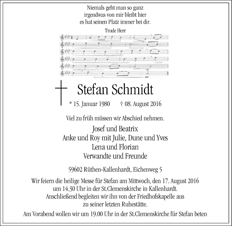  Traueranzeige für Stefan Schmidt vom 11.08.2016 aus Tageszeitung