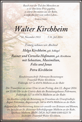 Traueranzeige von Walter Kirchheim von Tageszeitung