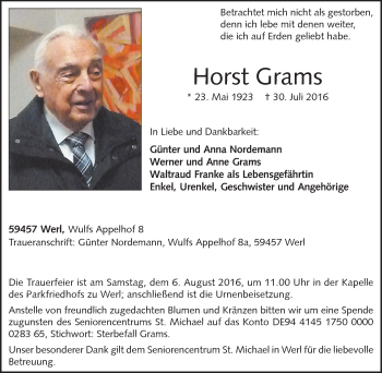 Traueranzeige von Horst Grams von Tageszeitung