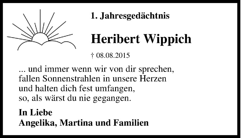  Traueranzeige für Heribert Wippich vom 08.08.2016 aus Tageszeitung
