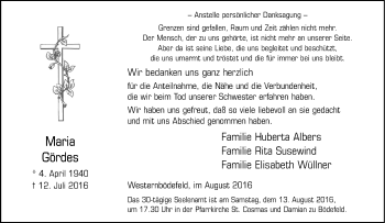Traueranzeige von Maria Gördes von Tageszeitung