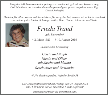 Traueranzeige von Frieda Traud von Tageszeitung
