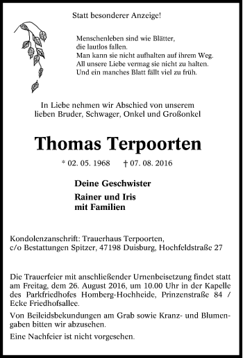 Traueranzeige von Thomas Terpoorten von Tageszeitung