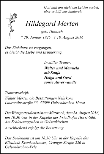 Traueranzeige von Hildegard Merten von Tageszeitung