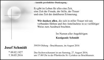 Traueranzeige von Josef Schmidt von Tageszeitung