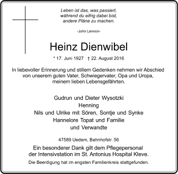 Traueranzeige von Heinz Dienwibel von Tageszeitung