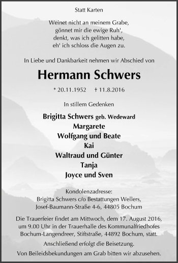 Traueranzeige von Hermann Schwers von Tageszeitung