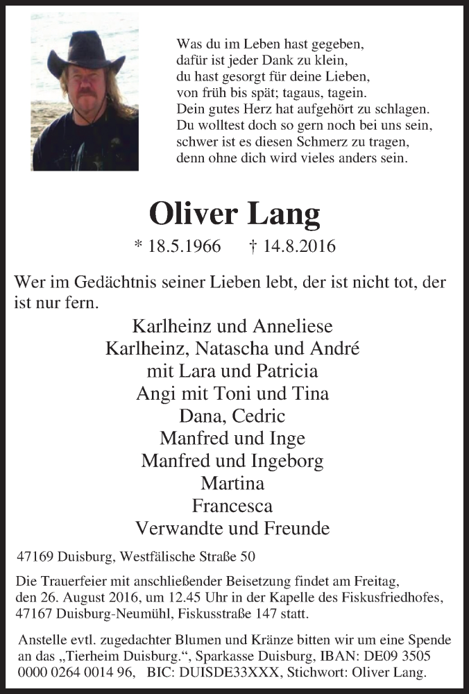  Traueranzeige für Oliver Lang vom 22.08.2016 aus Tageszeitung