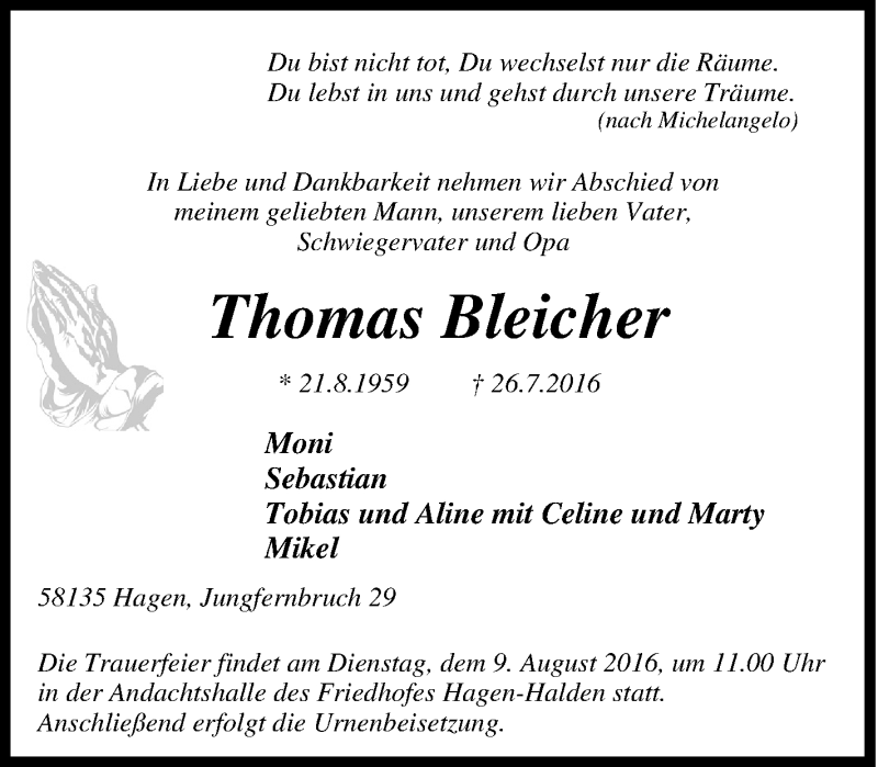  Traueranzeige für Thomas Bleicher vom 03.08.2016 aus Tageszeitung