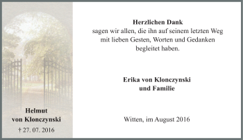 Traueranzeige von Helmut von Klonczynski von Tageszeitung