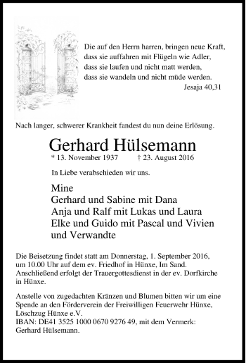 Traueranzeige von Gerhard Hülsemann von Tageszeitung