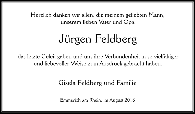  Traueranzeige für Jürgen Feldberg vom 27.08.2016 aus Tageszeitung