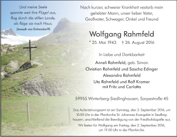 Traueranzeige von Wolfgang Rahmfeld von Tageszeitung